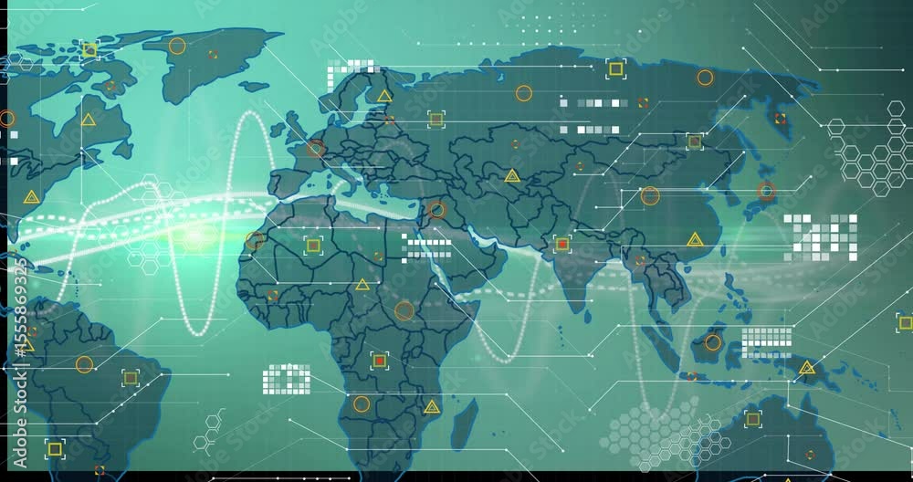 Poster green map initiating white wave sweeping then displaying markers and grids for monitoring interface