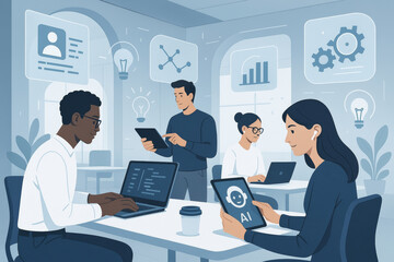 Diverse group of professionals collaborates modern co working space, using laptops and tablets. Digital icons of graphs, gears, and AI suggest high tech environment focused innovation and remote