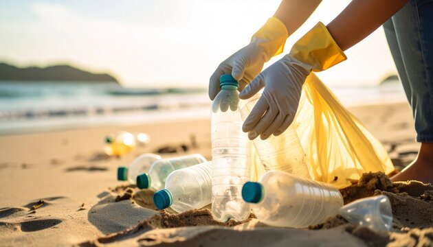 Primer plano de manos con guantes recogiendo basura y botellas de pl&aacute;stico realizando tarea medioambiental en una playa