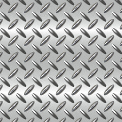 Seamless diamond plate metal texture with raised tread pattern and brushed steel finish. Ideal for industrial backgrounds, floor surfaces, and machinery designs.