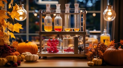 Chromatograph in a Thanksgiving themed lab analyzing colorful food extracts surrounded by autumn leaves pumpkins and cozy lighting reflecting the harvest season and food science