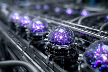 Futuristic energy spheres emitting purple light in a high-tech laboratory setup