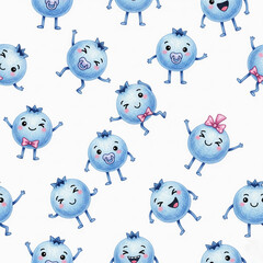 Obraz premium Delightful Hand-Drawn Blueberry Characters with Pacifiers and Bow Ties on a White Background Seamless Pattern