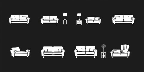 Stylish monochrome furniture & sofa icons; various styles, vector illustrations,  contemporary,  room