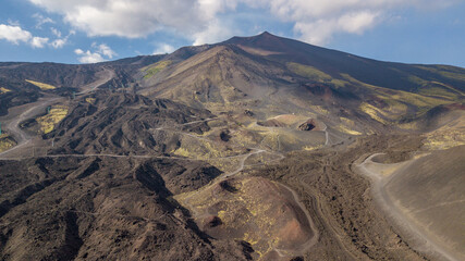 Aerial view over Etna national park, view of volcanic landscape in Sicily, Italy