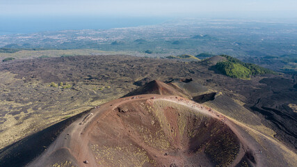 Aerial view over Etna national park, view of volcanic landscape in Sicily, Italy