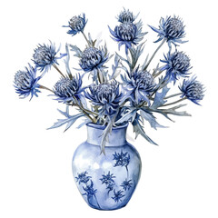 A Sea Holly In A Vase, watercolor illustration vector, isolated on a white background.