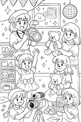 Charming black and white coloring page showing happy kids at a photo studio with cameras, teddy bears, props and a sparkling backdrop, capturing fun moments. Perfect for children. 