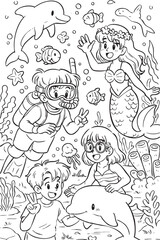 Magical black and white coloring page showing happy kids exploring underwater with dolphins, a mermaid, colorful fish, jellyfish, coral reefs and sea plants. Perfect for children.