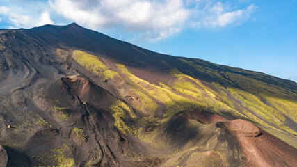 Aerial view over Etna national park, view of volcanic landscape in Sicily, Italy