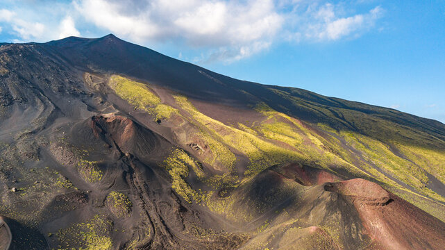 Aerial view over Etna national park, view of volcanic landscape in Sicily, Italy