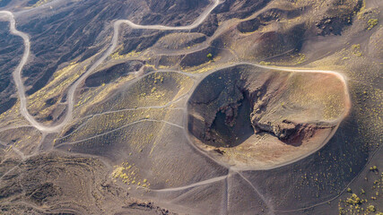 Aerial view over Etna national park, view of volcanic landscape in Sicily, Italy