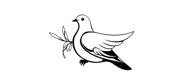 Obraz premium Stylized dove with olive branch, minimalist black and white vector art, abstract, image