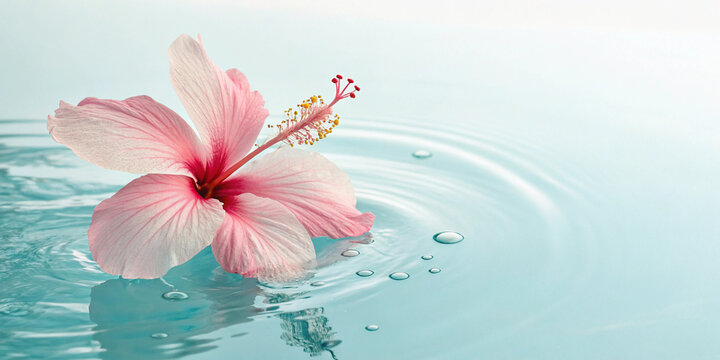 Hibiscus flowers floating on the surface of the water. Yellow background. Water surface. Summer. Menopause Background material. Summer Sale. Vacation. - Powered by Adobe