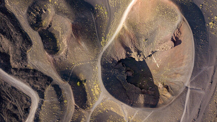 Aerial view over Etna national park, view of volcanic landscape in Sicily, Italy