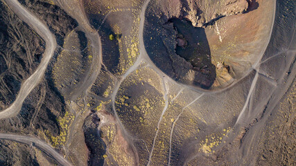 Aerial view over Etna national park, view of volcanic landscape in Sicily, Italy