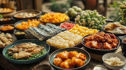 Obraz premium Chuseok feast with colorful songpyeon rice cakes grilled fish japchae and freshly harvested fruits surrounded by traditional decor and family sharing smiles
