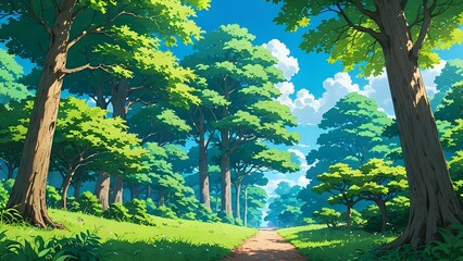 A serene forest scene with tall, lush trees under a clear blue sky, anime art