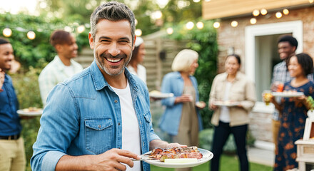 Smiling man holding a plate of grilled food at a lively outdoor gathering, surrounded by friends enjoying a summer barbecue celebration in a vibrant backyard setting