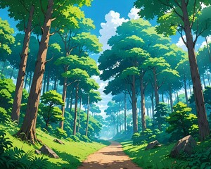 A serene forest scene with tall, lush trees under a clear blue sky, anime art