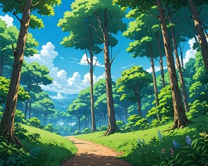 A serene forest scene with tall, lush trees under a clear blue sky, anime art