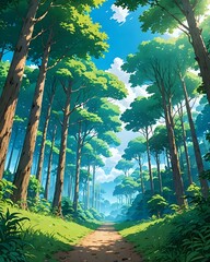 A serene forest scene with tall, lush trees under a clear blue sky, anime art