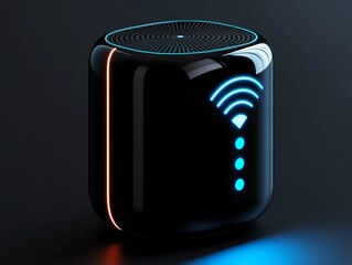 A futuristic smart speaker with glowing WiFi connectivity symbols