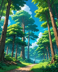 A serene forest scene with tall, lush trees under a clear blue sky, anime art