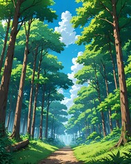 A serene forest scene with tall, lush trees under a clear blue sky, anime art