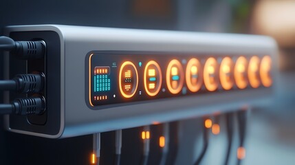 A futuristic smart surge protector with glowing cable organization ports