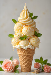 A delectable waffle cone overflowing with scoops of creamy vanilla ice cream, topped with a swirl of soft serve and golden sprinkles, garnished with fresh mint leaves 