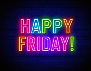 Glowing colorful Friday sign in neon lights on black wall for weekend celebration