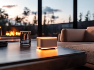 A glowing mesh WiFi node placed on a smart coffee table