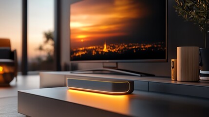A glowing power hub integrated with a sleek TV console