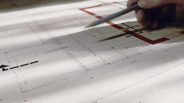Draftsman checks blueprint drawing calculations in soft sunlit office