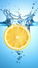 Action shot of a lemon slice captured in the moment it drops into clear water