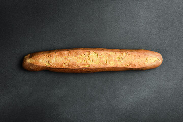 Freshly baked baguette. Homemade cornbread. Top view.