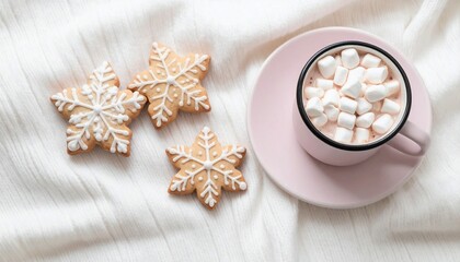 Snowflake-shaped cookies and a cup of hot cocoa with marshmallows 