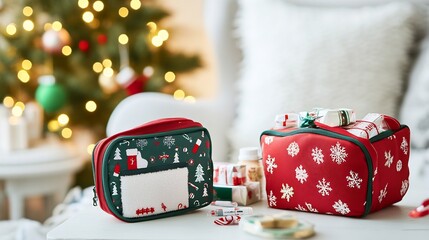 Christmas themed first aid kit with red and green packaging cozy holiday patterns and winter specific essentials providing peace of mind for holiday travelers and family gatherings