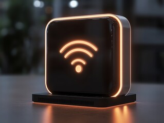 A glowing WiFi signal booster mounted in a techfilled studio