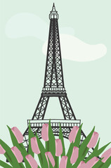 Hand drawn Eiffel Tower with tulips on the clouds background