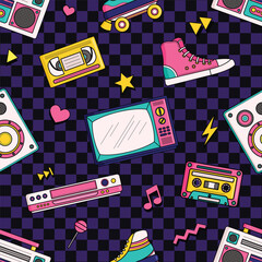 Seamless pattern background design, computer, tape, tv, casette, skateboard, brush, roller shoes, white, abstract, grunge, independence, vector art illustration design