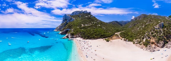 Fotobehang Best and most beautiful beaches of Sardegna island (Italy) - impressive Cala Sisine in gulf of Orosei . Aerial panoramic drone view of white sandy beach and turquoise sea © Freesurf