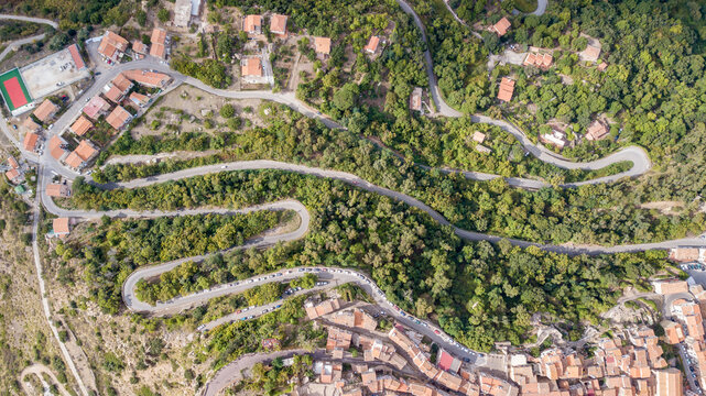 Aerial view over Pollina, beautiful town on top of the mountain in Sicily, Italy