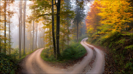 Obraz premium A forked road through golden autumn woods, symbolizing life's choices in nature's quiet embrace.