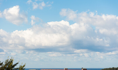 Background with blue sky with cumulus clouds. Horizon. Heaven with cloudscape with copy space....