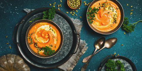 Two bowls of pumpkin soup. Pumpkin Autumn Healthy Food Nutrition Seasonal Vegetable Concept. Autumn vegetables. Top view.