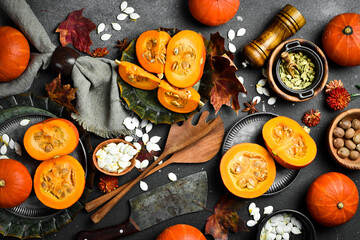 Banner - Autumn menu. Pumpkin and autumn dietary food. Set of pumpkins. Organic food.