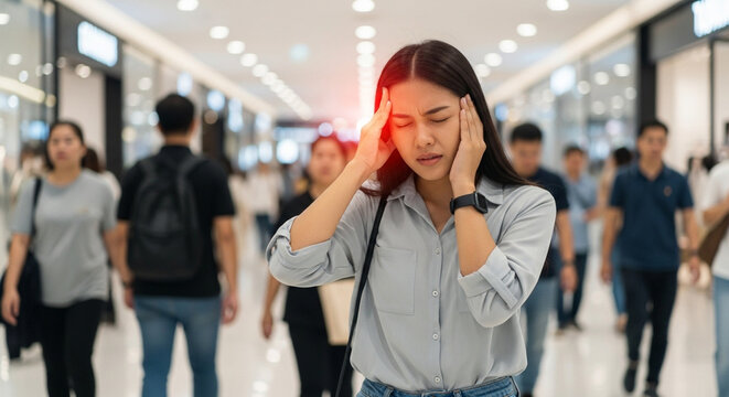 Woman Overwhelmed by Migraine in Busy Mall