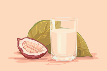 Vector illustration of cacao water in a glass and half of cacao fruit  with palm leaves on a peach backdrop